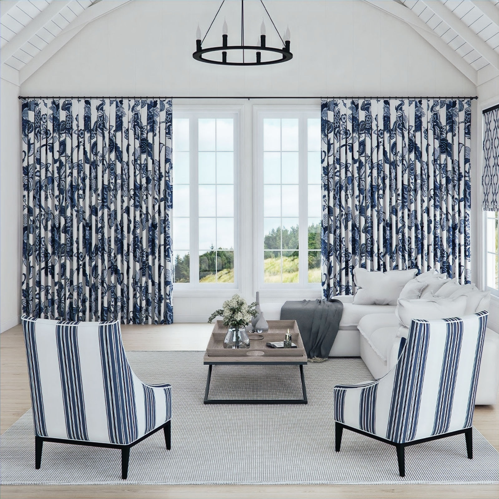 Full-length pleated lined curtains in a soft neutral fabric styled in a Wellington bedroom